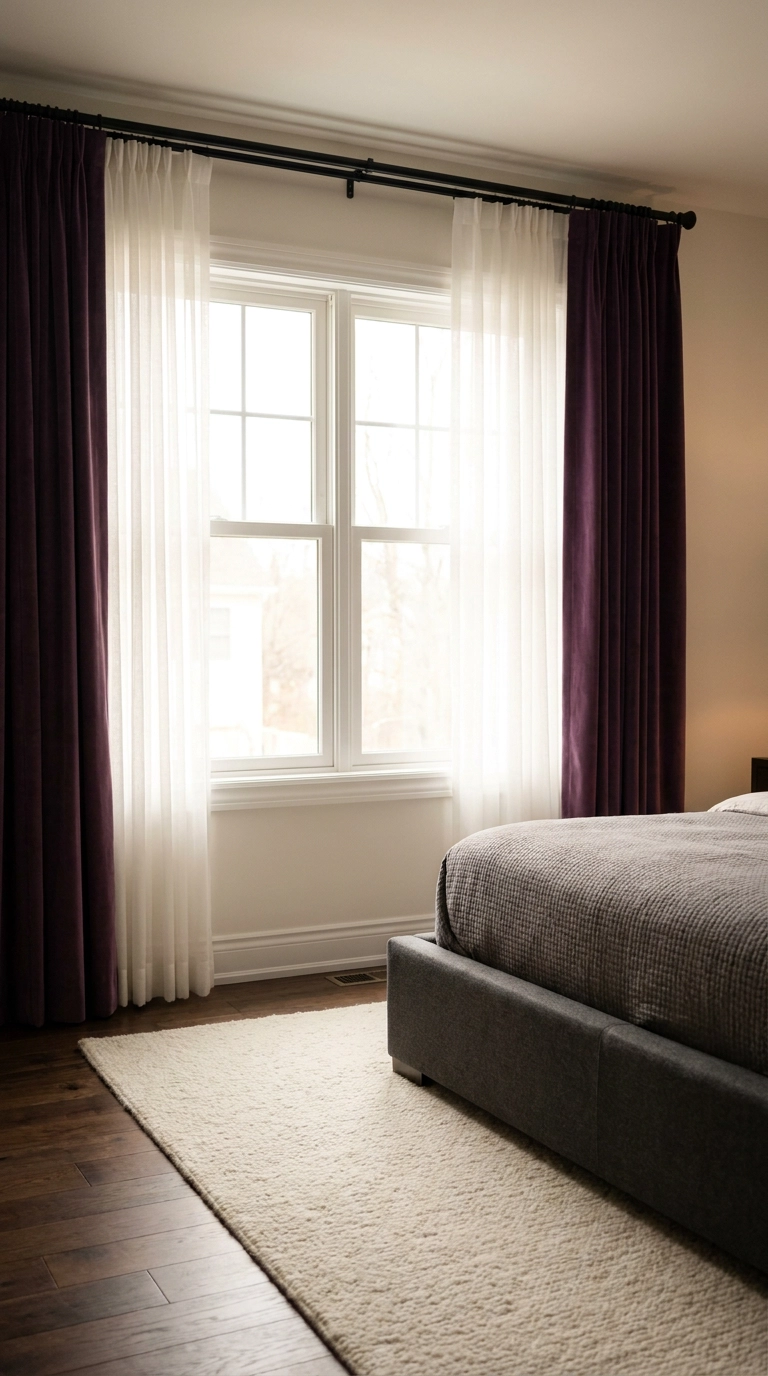 Floor to ceiling fig velvet curtain panels mounted high in elegant purple bedroom