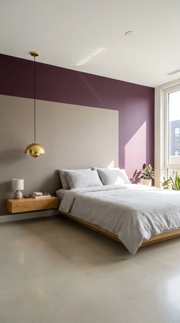 Color-blocked mulberry purple and warm greige wall accent in modern bedroom