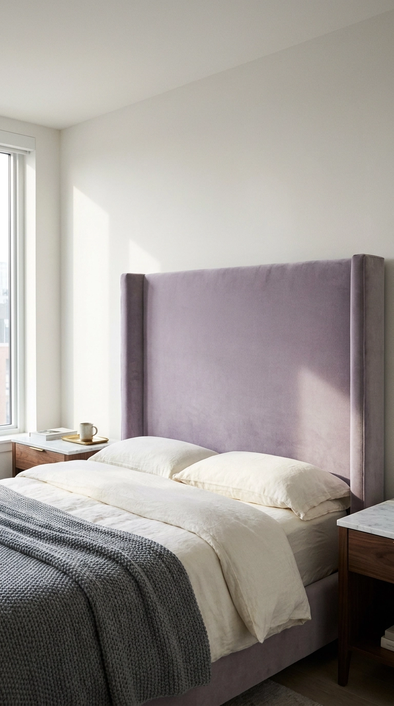 Muted lilac velvet headboard against alabaster walls in transitional purple bedroom