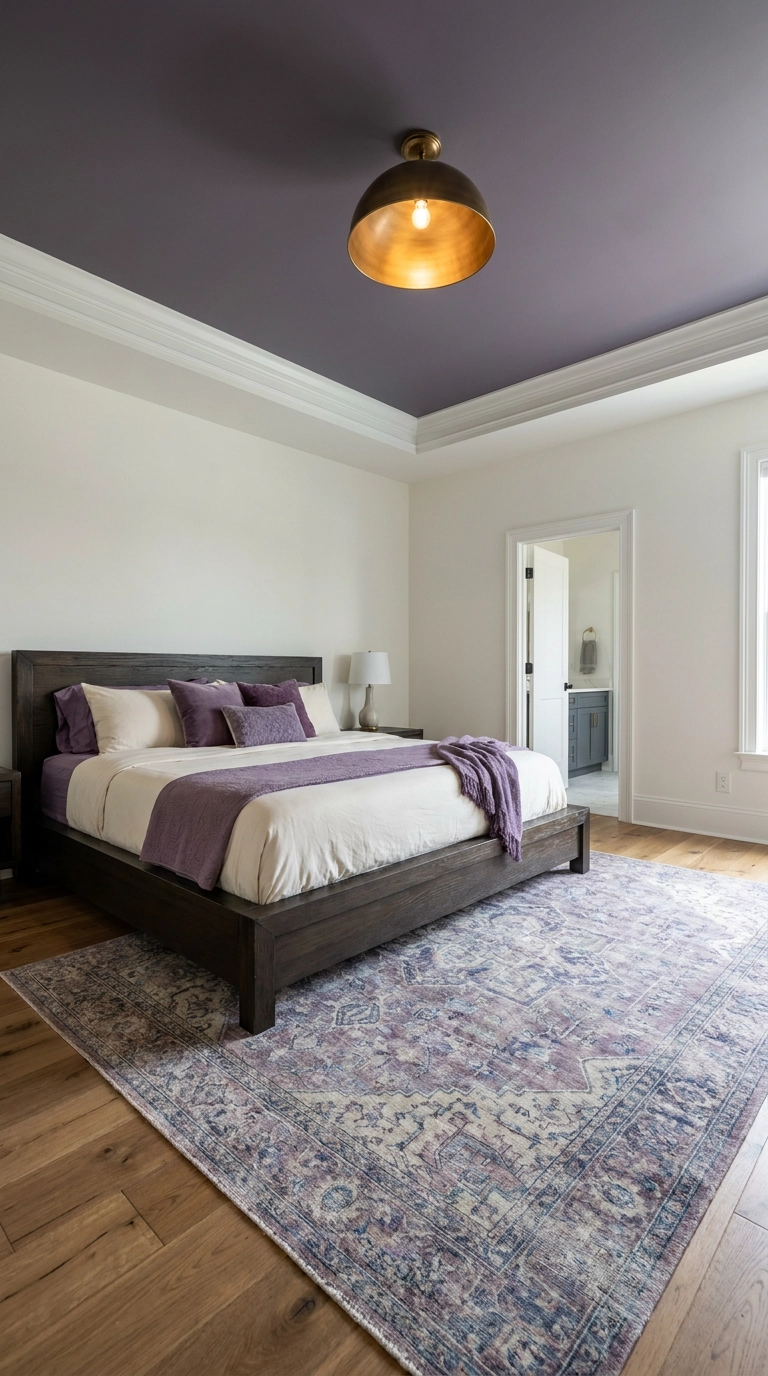 Smoky lavender painted ceiling with bone white walls in master purple bedroom