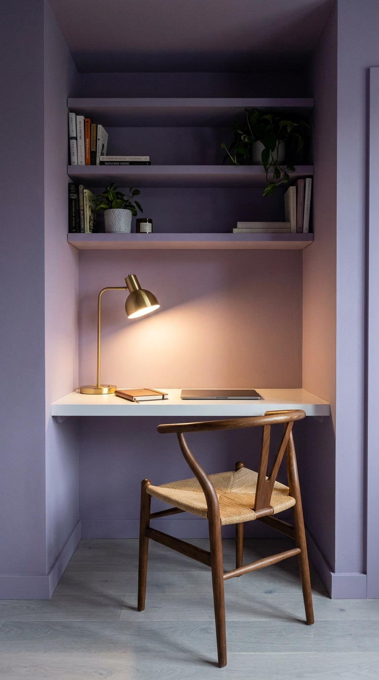Dusty lavender matte painted desk alcove nook in creative purple bedroom