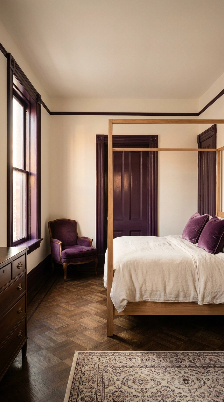 Dark blackberry painted window trim and baseboards with cream walls in purple bedroom