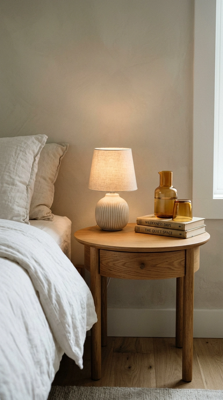 Minimal nightstand styled with a lamp, two books, and a water carafe