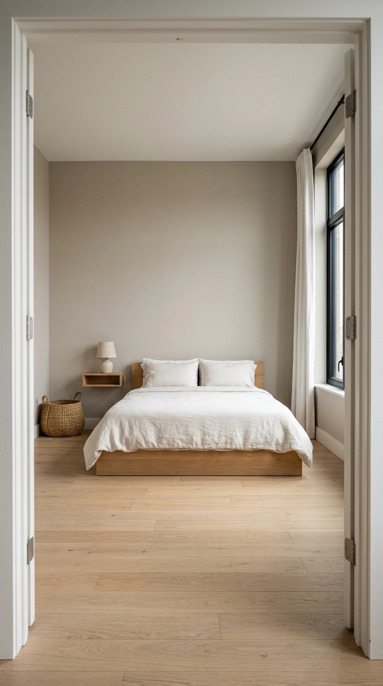 Sparse bedroom with a clear open floor and a low white oak platform bed