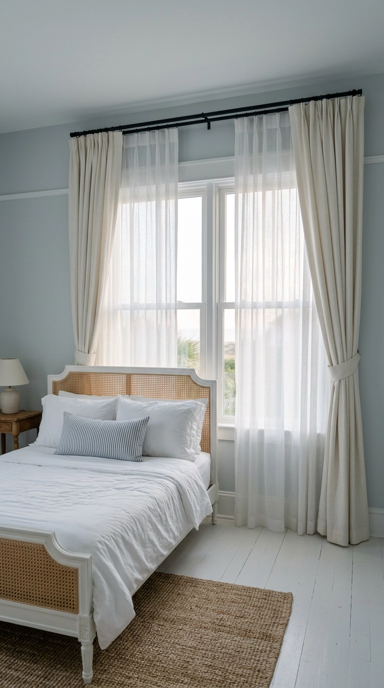 Sheer voile curtains layered under ivory blackout drapes in a coastal bedroom