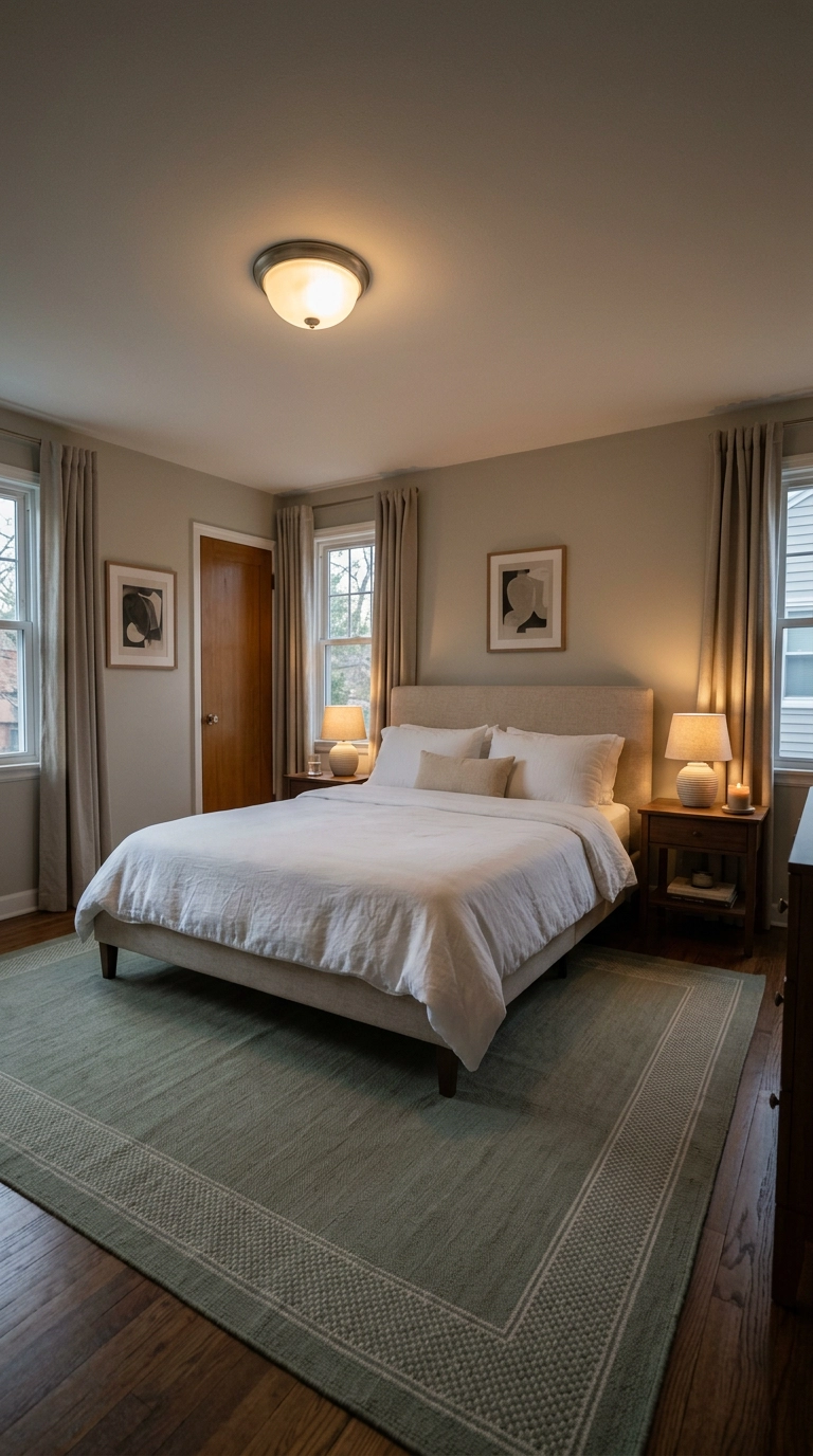 Bedroom lit softly by dimmed warm-toned lamps and a flush ceiling fixture at dusk