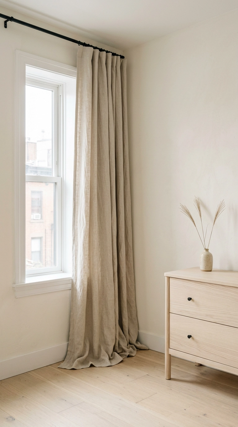 Floor-length linen curtains hung high near the ceiling and wide past the window