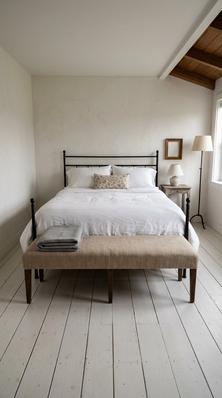 Upholstered oatmeal linen bench at the foot of a bed with a folded wool blanket
