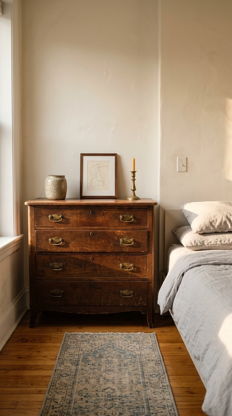 Antique walnut dresser with aged brass pulls styled with three objects