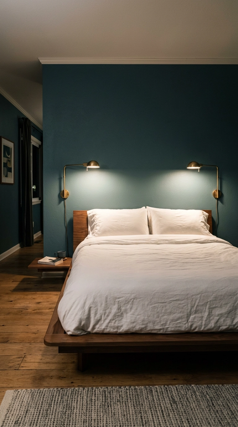 Brass swing-arm sconces mounted above a bed on a teal accent wall