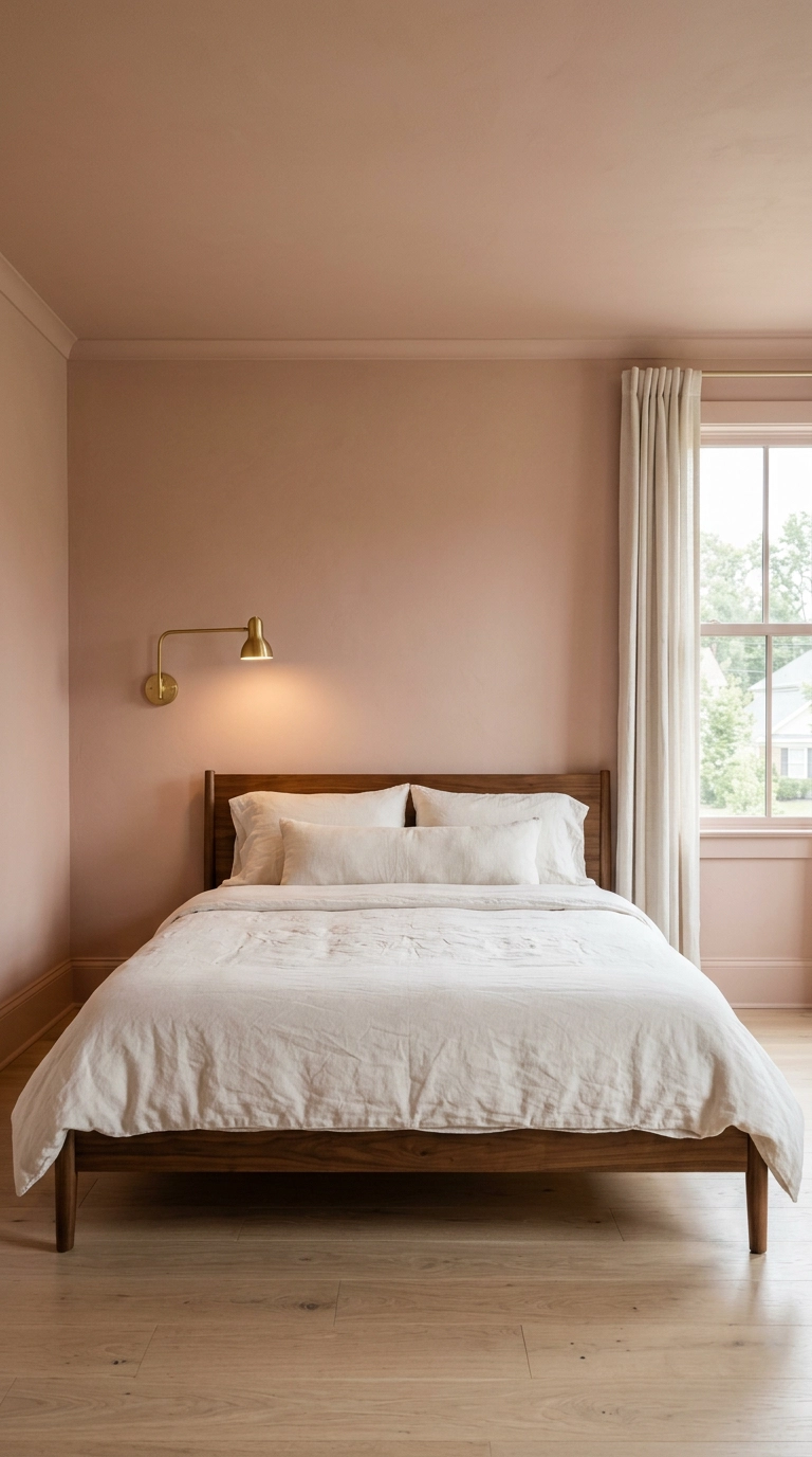 Bedroom with walls, trim, and ceiling painted the same soft clay pink