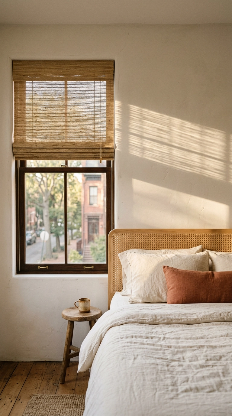 Natural woven grass roman shades filtering warm afternoon light in a bedroom