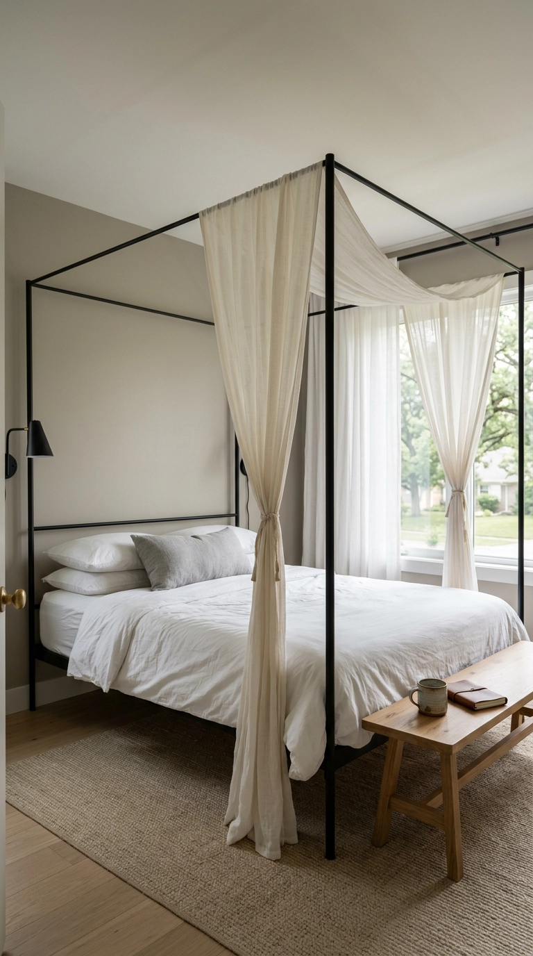 Slim black metal canopy bed frame with loose ivory gauze fabric panels