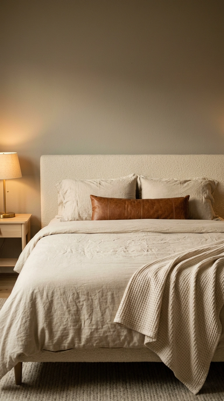 Neatly made bed with two sleeping pillows and one leather lumbar pillow