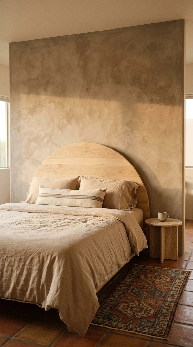Limewash textured accent wall in warm taupe behind an arched wood headboard
