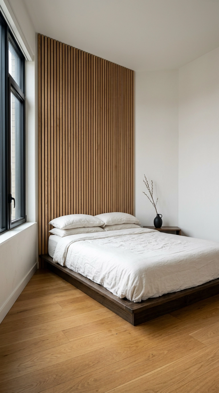 White oak vertical slat accent wall behind a low platform bed