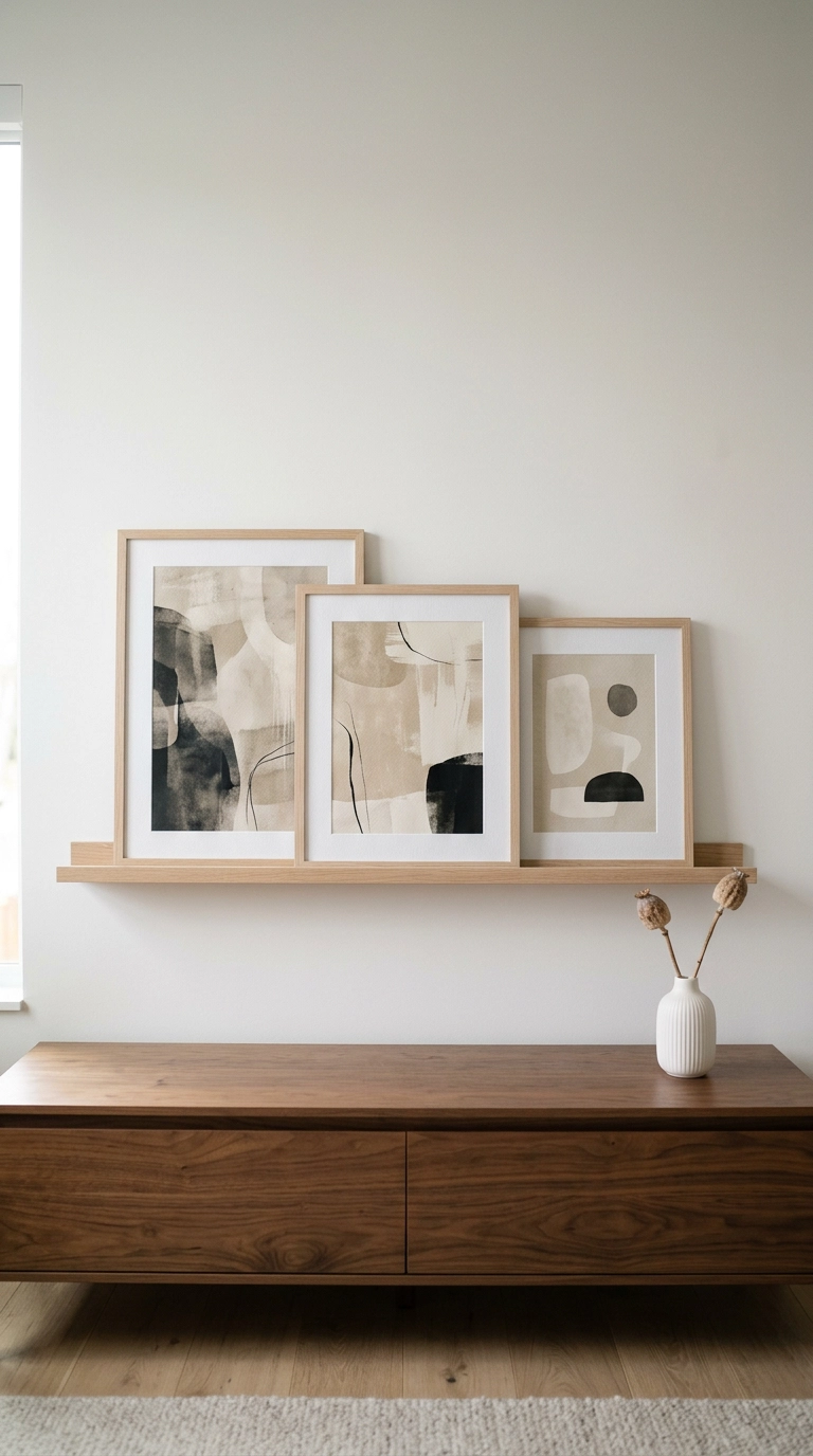 Three abstract art prints leaning on a slim white oak picture ledge
