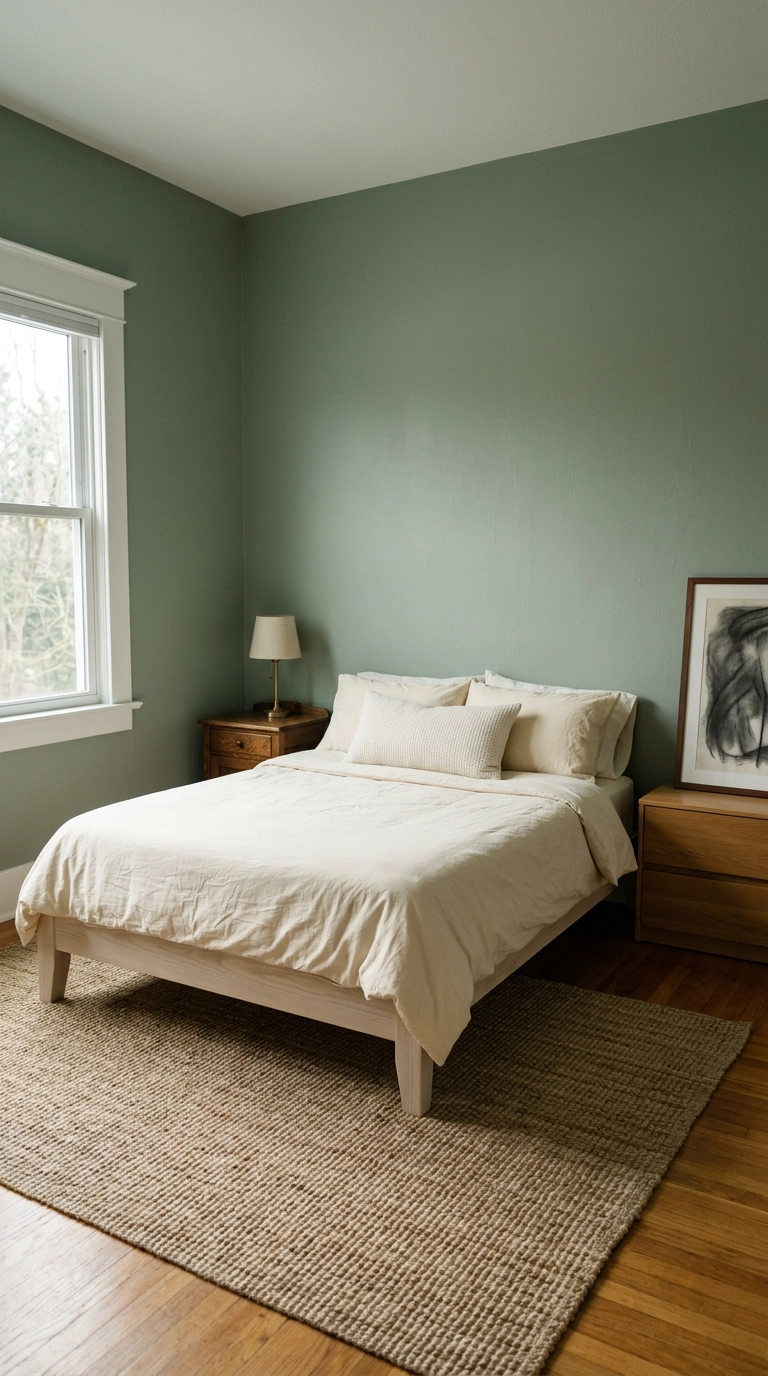 Small bedroom with muted sage green walls and cream bedding