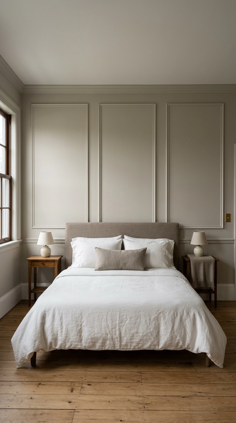 Wall with picture frame molding panels painted the same soft greige as the wall