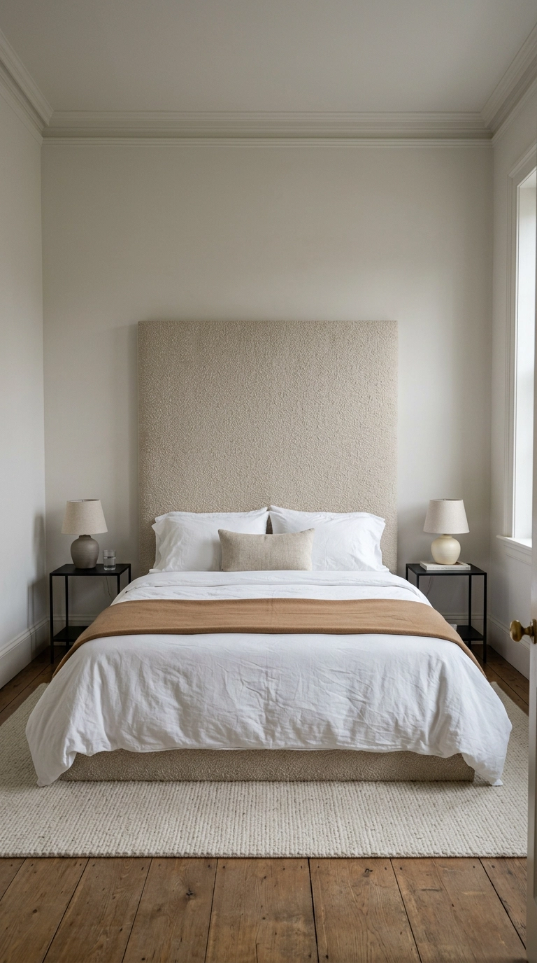 Tall oversized boucle upholstered headboard in a neutral bedroom