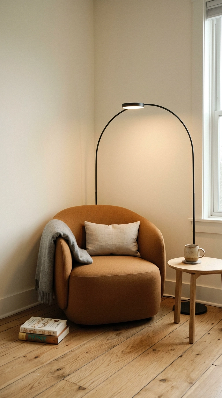 Reading corner with a caramel wool chair, side table, and arc floor lamp