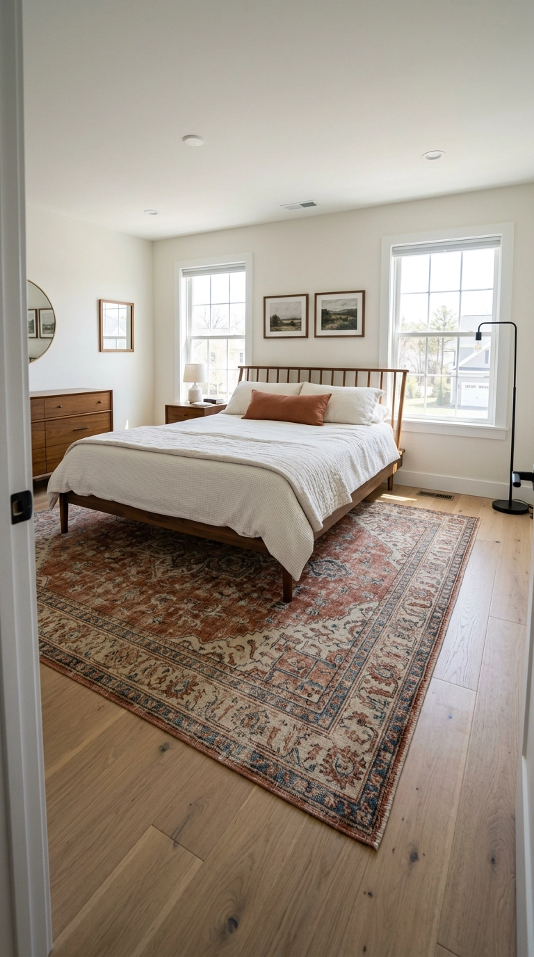 Large faded rust and cream wool rug extending well past all sides of a bed
