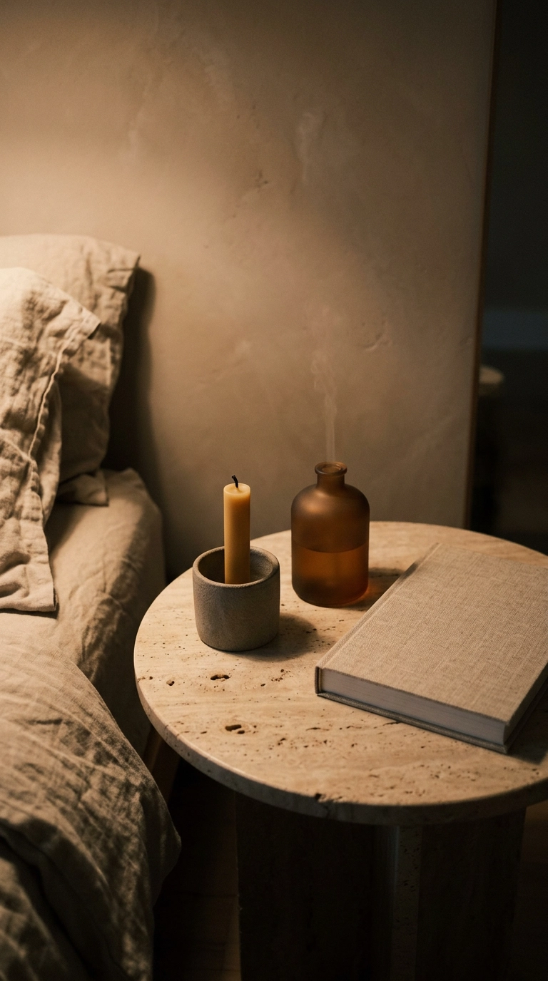 Bedside vignette with a candle, small diffuser, and a book, no phone or cables