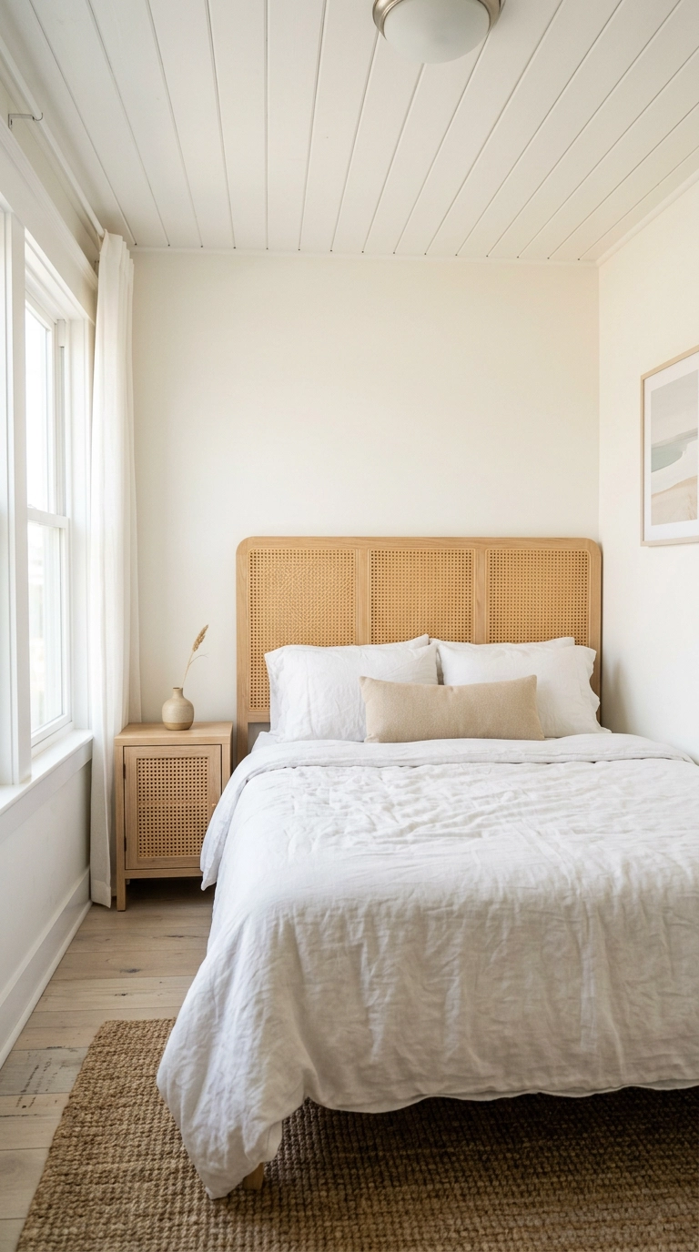 Cane webbing headboard and matching bedside cabinet in a light coastal bedroom