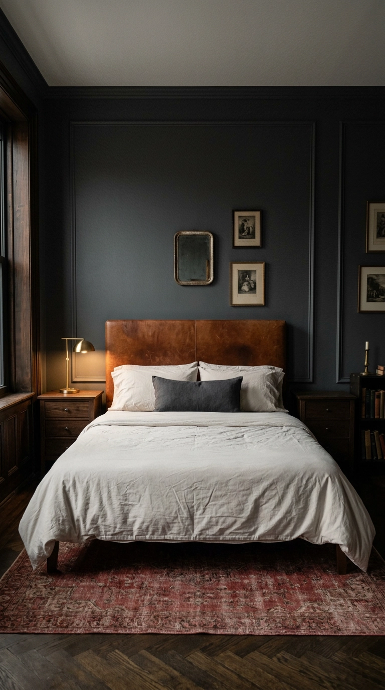 Dark charcoal bedroom with picture frame molding and a cognac leather headboard