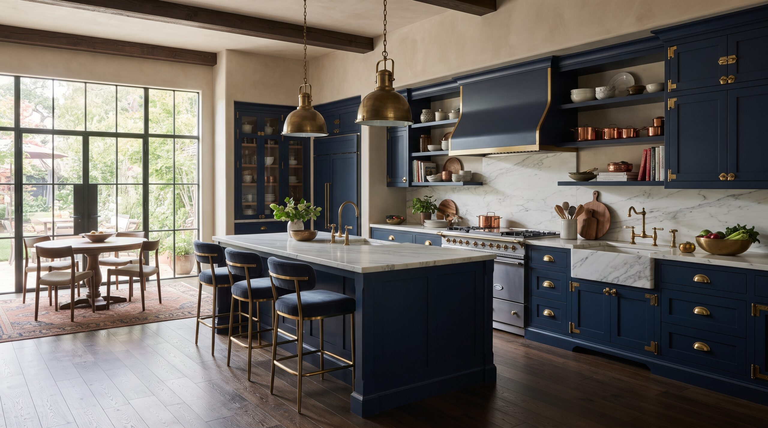 Kitchen with navy blue cabinets 202608191927