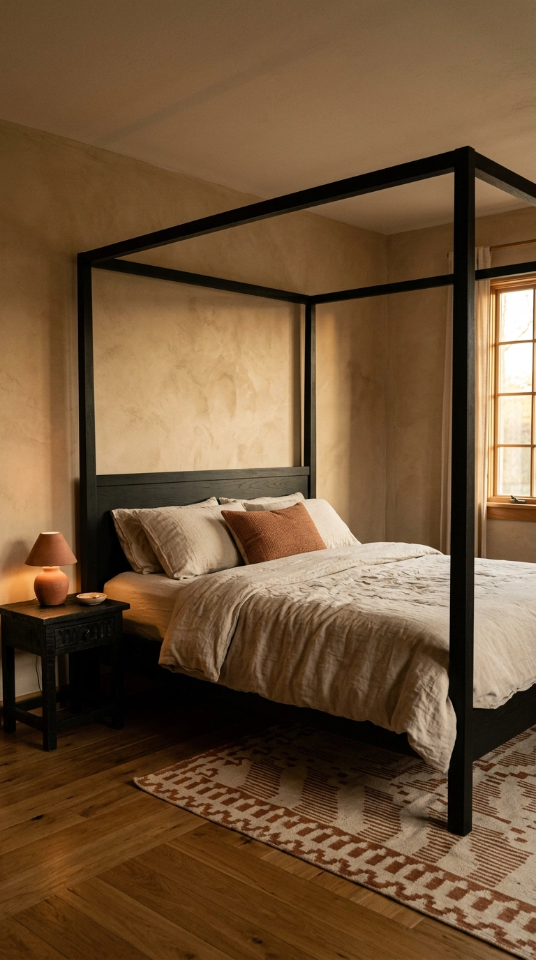 Matte black four-poster wood bed against warm sand limewash plaster walls