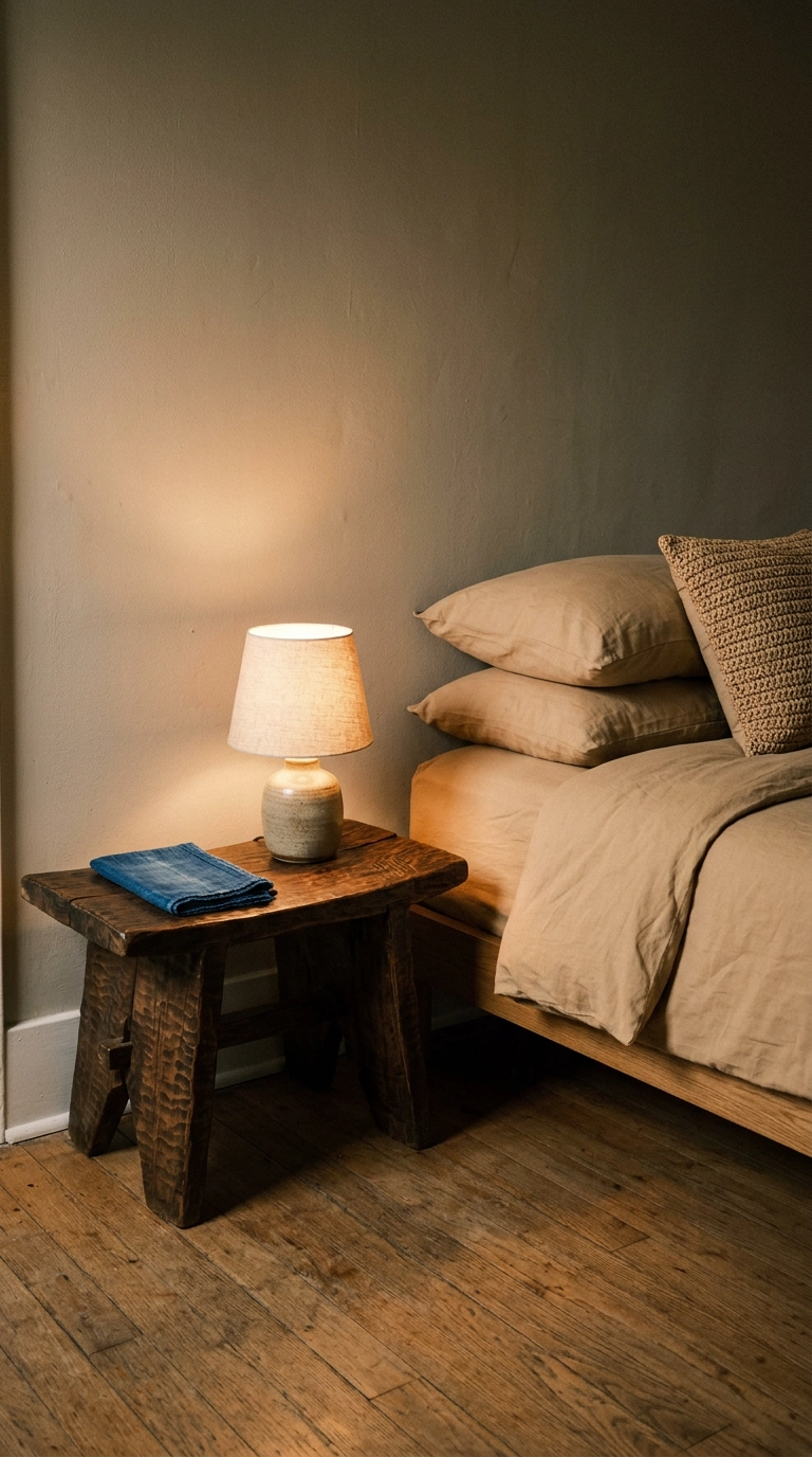 Low carved dark wood bench used as a bedside table with a stoneware lamp