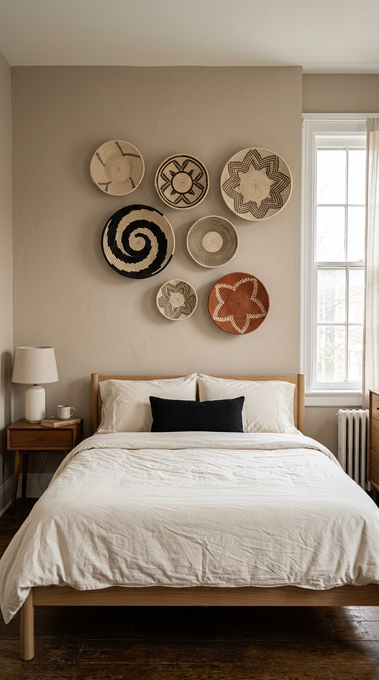 Seven flat woven African baskets in cream black and rust hung above a white oak bed