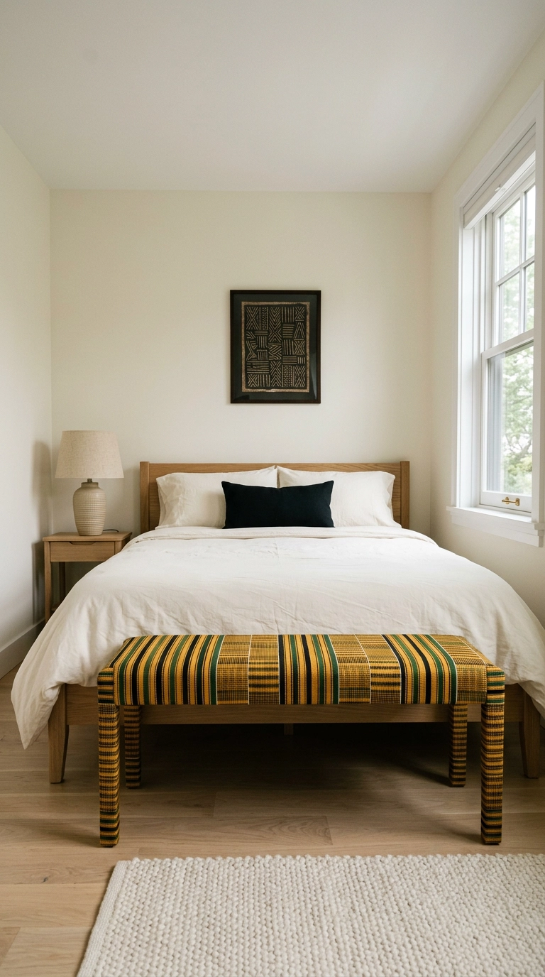 Bench upholstered in gold black and green kente-inspired stripes at the foot of a bed