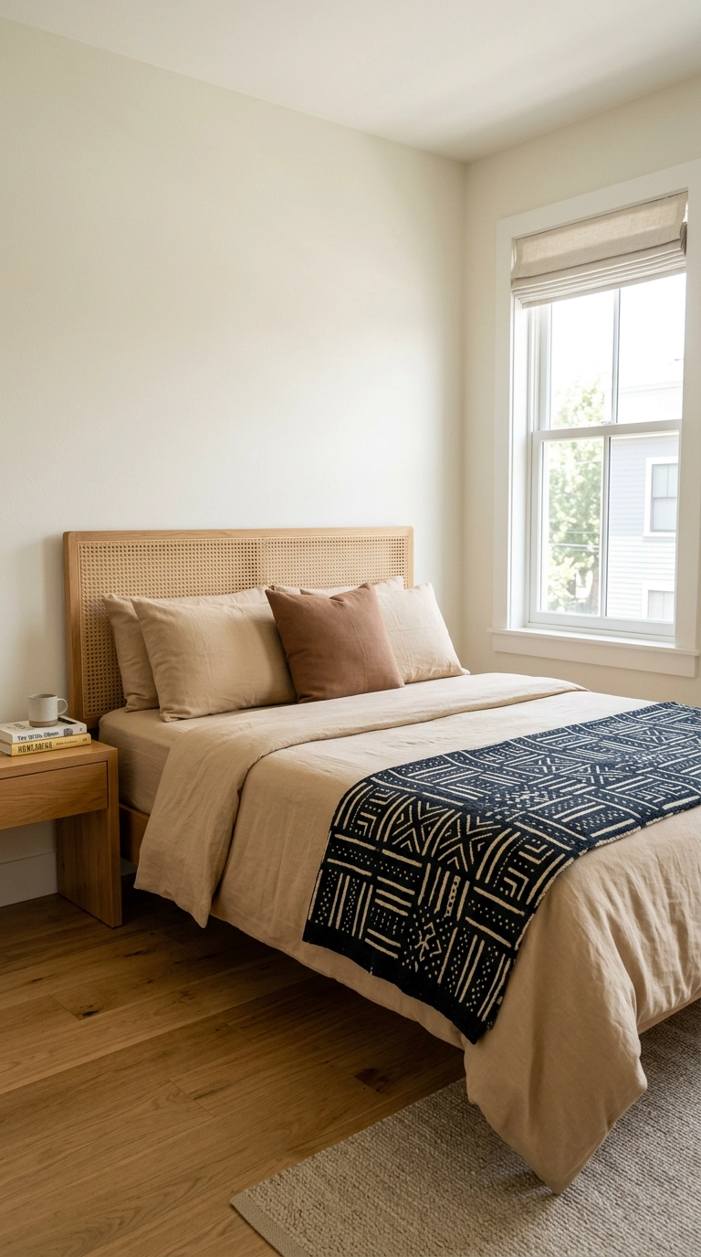 Indigo and cream mudcloth coverlet folded across a queen bed with a cane headboard
