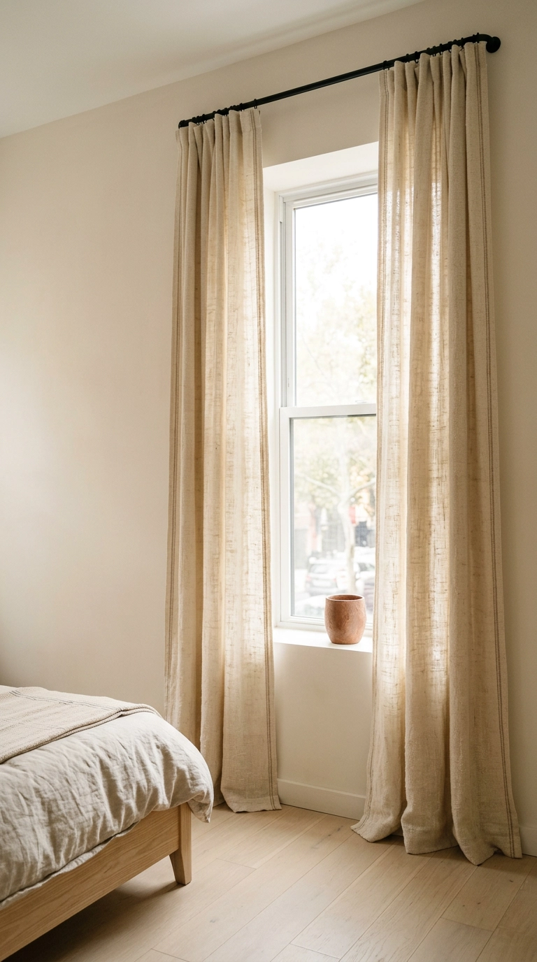 Undyed handwoven cotton curtains hung near the ceiling in a bright apartment bedroom