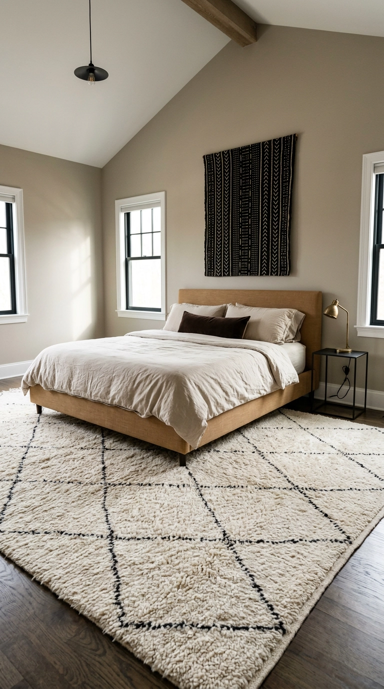 Ivory Beni Ourain wool rug with charcoal diamonds under a camel linen bed