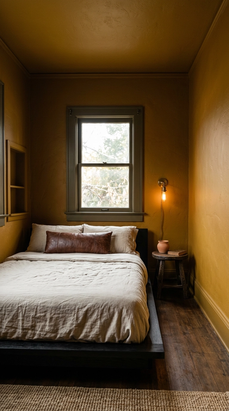 Ochre color-drenched bedroom with matching trim and ceiling and a black wood bed