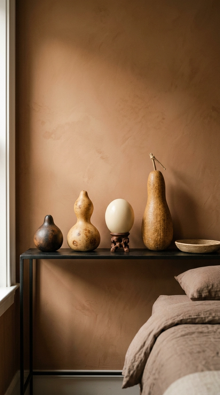 Calabash gourds and a pale ostrich egg styled on a black console against sienna plaster