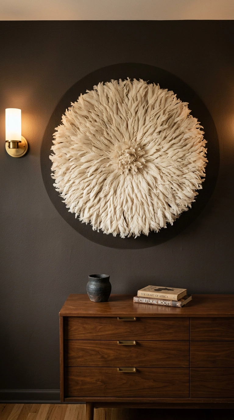 Cream Cameroonian juju hat feather headdress mounted above a walnut dresser