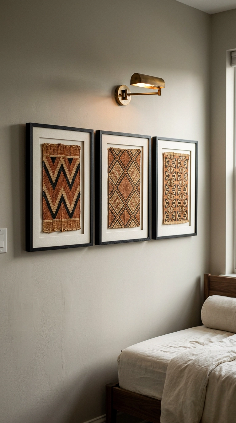 Three framed Kuba cloth raffia panels in rust and black beside a walnut bed