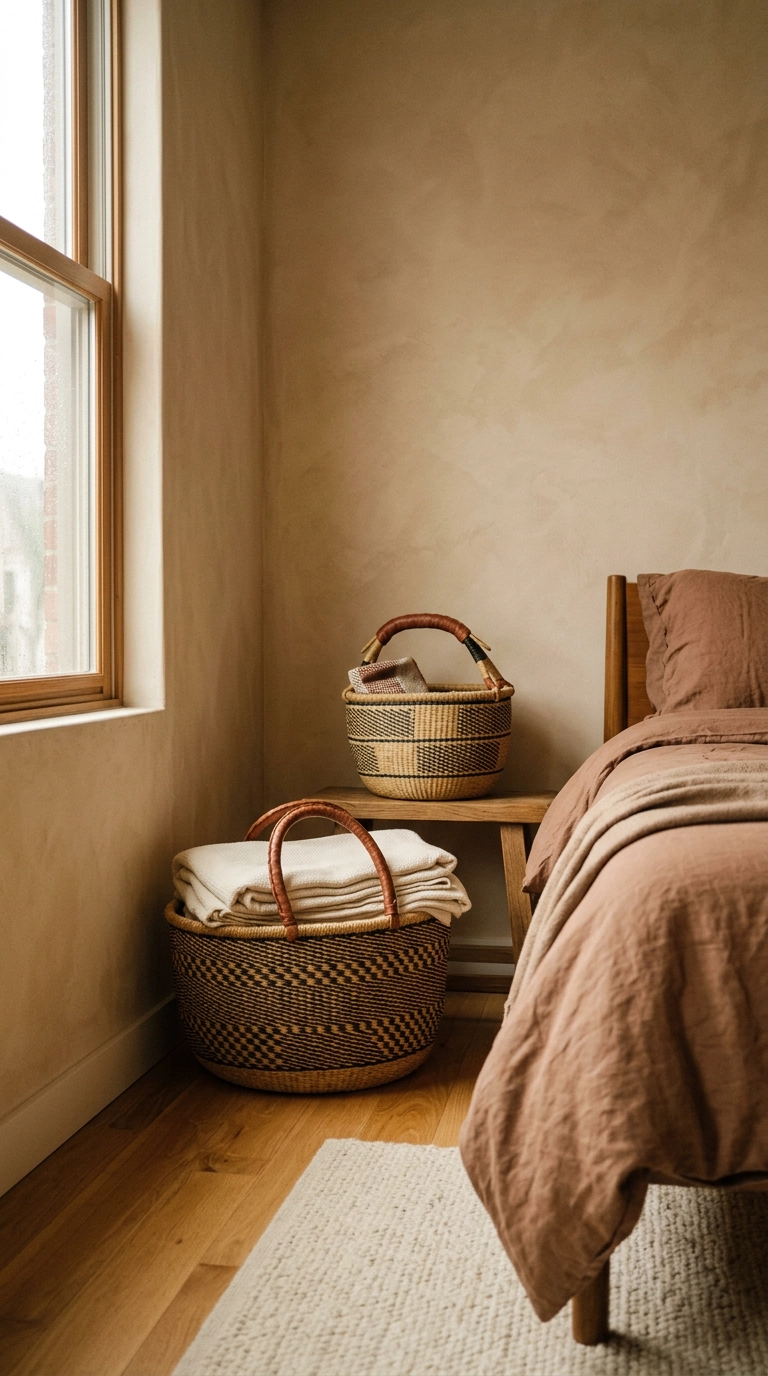 Two woven Bolga grass baskets storing folded blankets in a bedroom corner