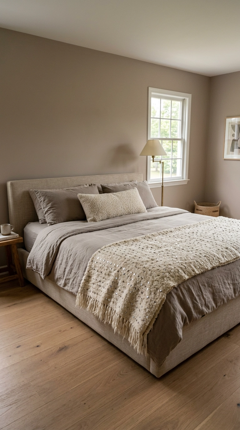 Ivory Berber handira wedding blanket with silver sequins folded at the foot of a king bed
