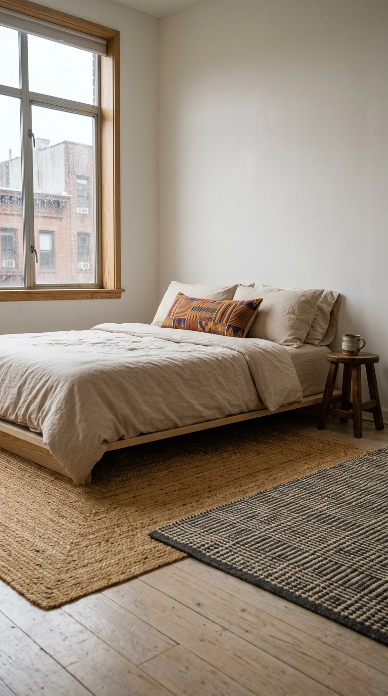 Layered jute and sisal rugs in wheat and charcoal over pale oak bedroom floors