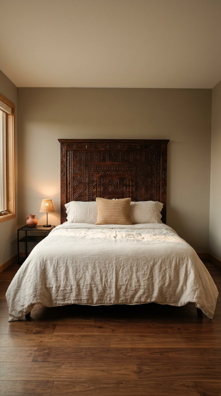 Carved dark mahogany geometric headboard against greige walls with ivory linen bedding