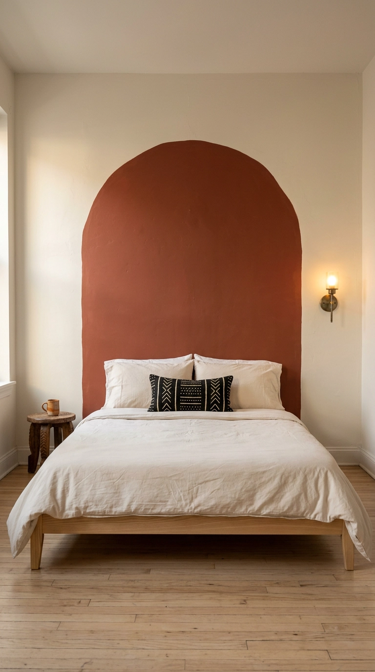 Rust clay arch painted on the wall behind an ash platform bed in a small apartment bedroom