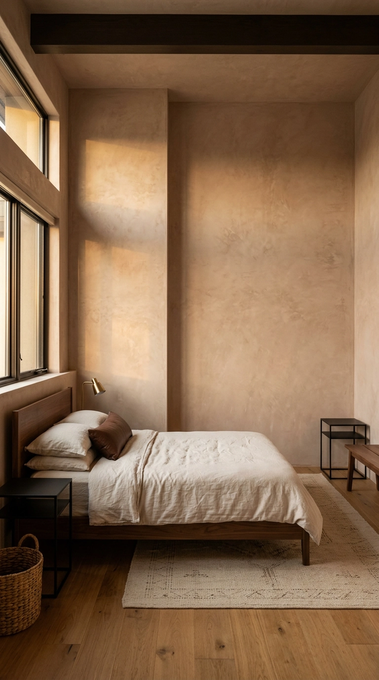 Dusty adobe earthen plaster walls in a bedroom with a walnut bed and ivory linen bedding