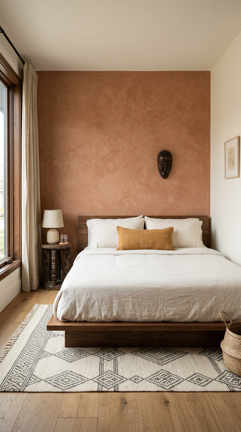 African bedroom with terracotta limewash accent wall behind a walnut platform bed