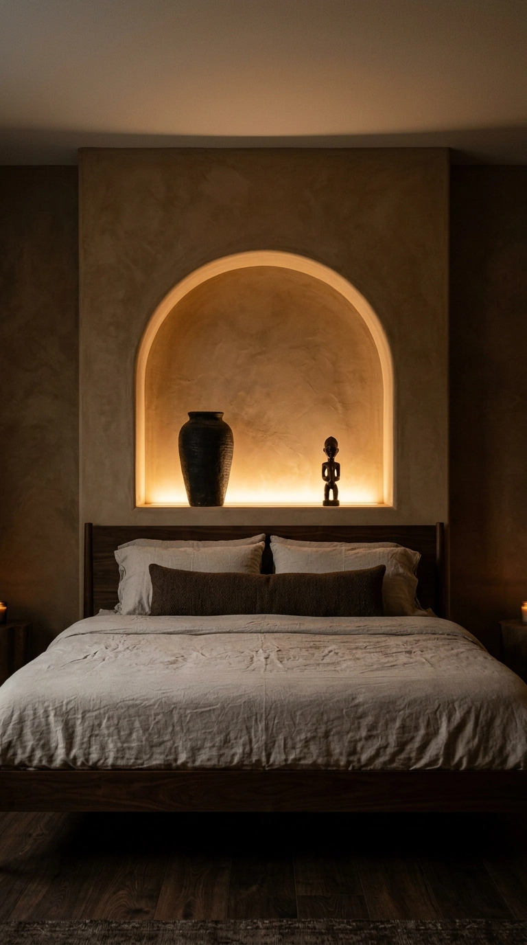 Glowing plaster niche above a walnut bed holding a clay vessel and carved wood figure