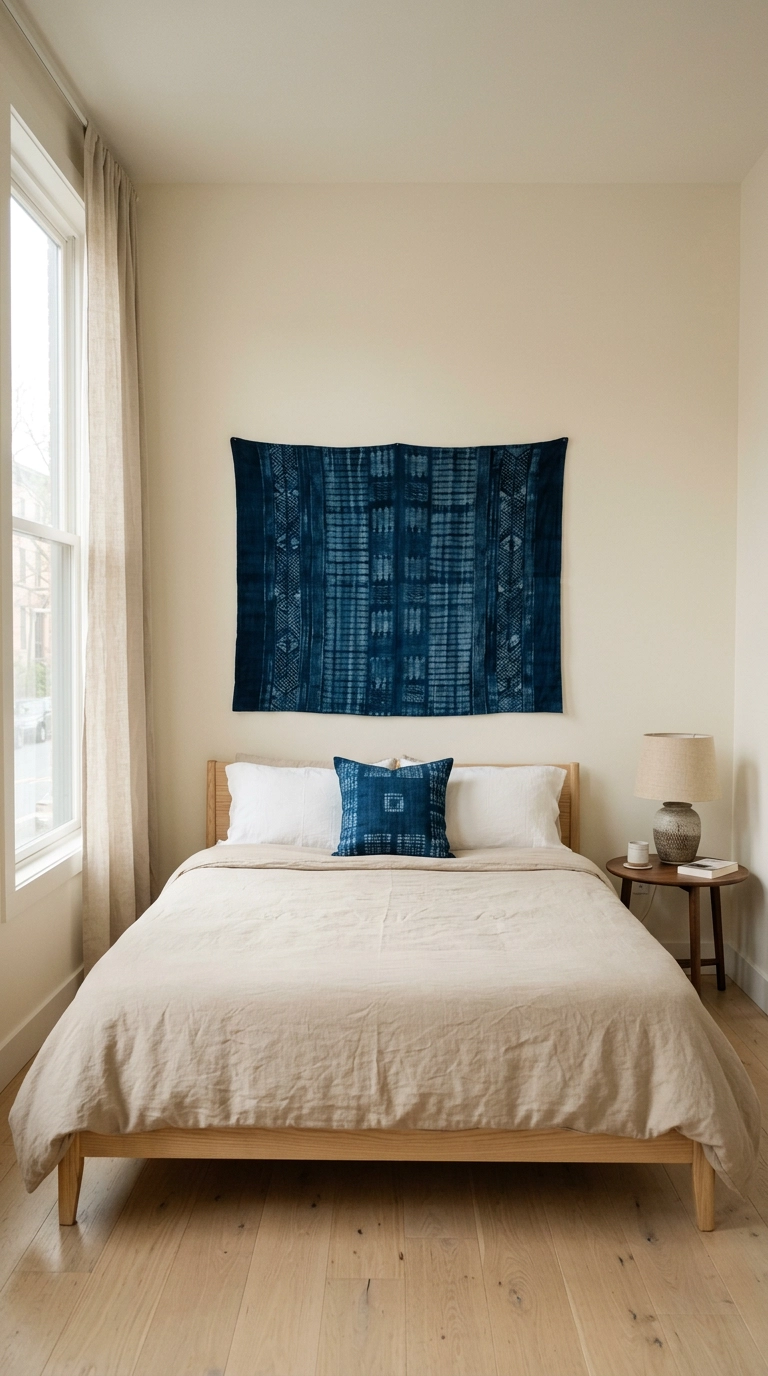 Indigo adire cotton panel hung above an ash bed against warm white apartment walls